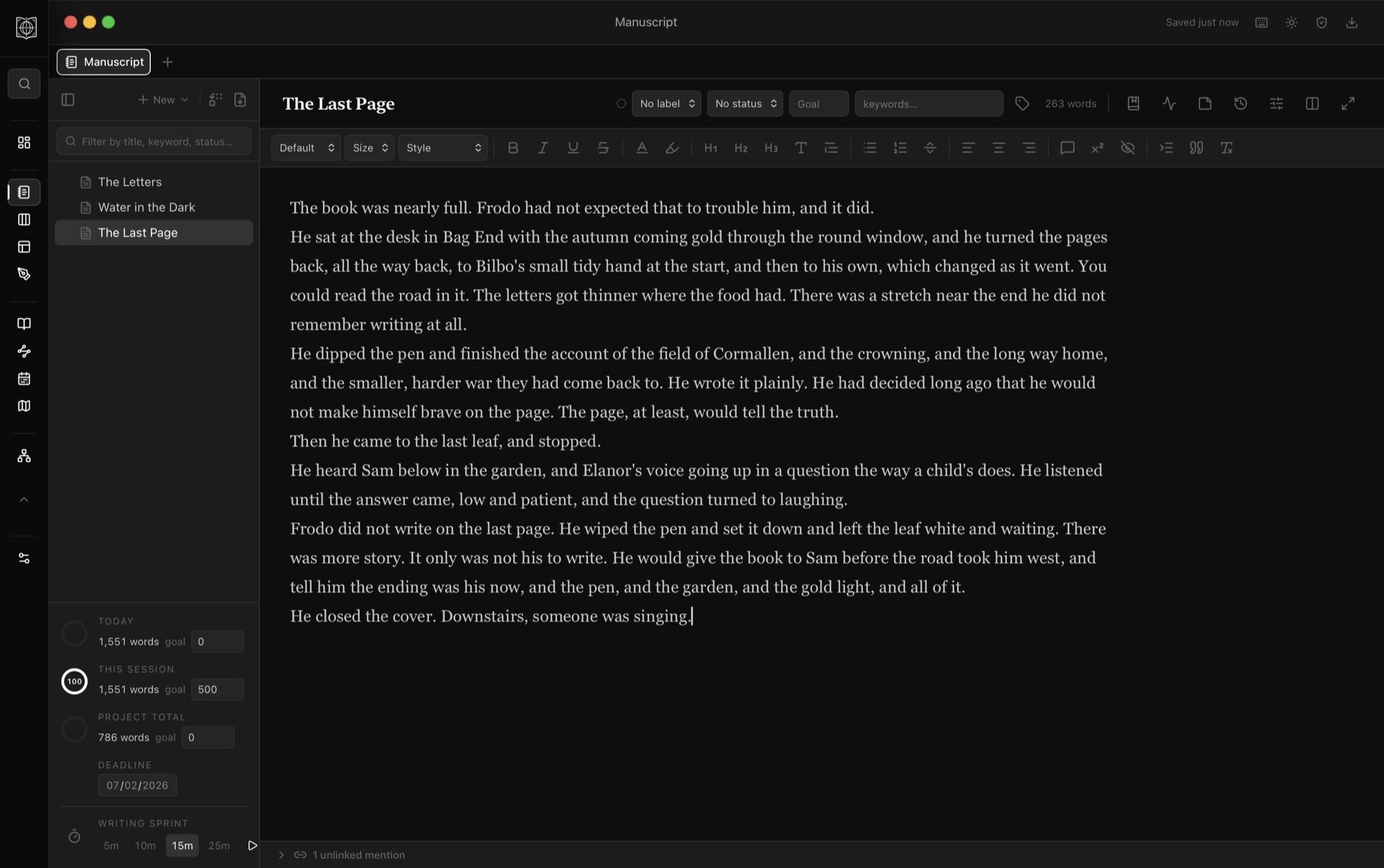 WorldFrame's manuscript editor with per-session word goals and a writing sprint.