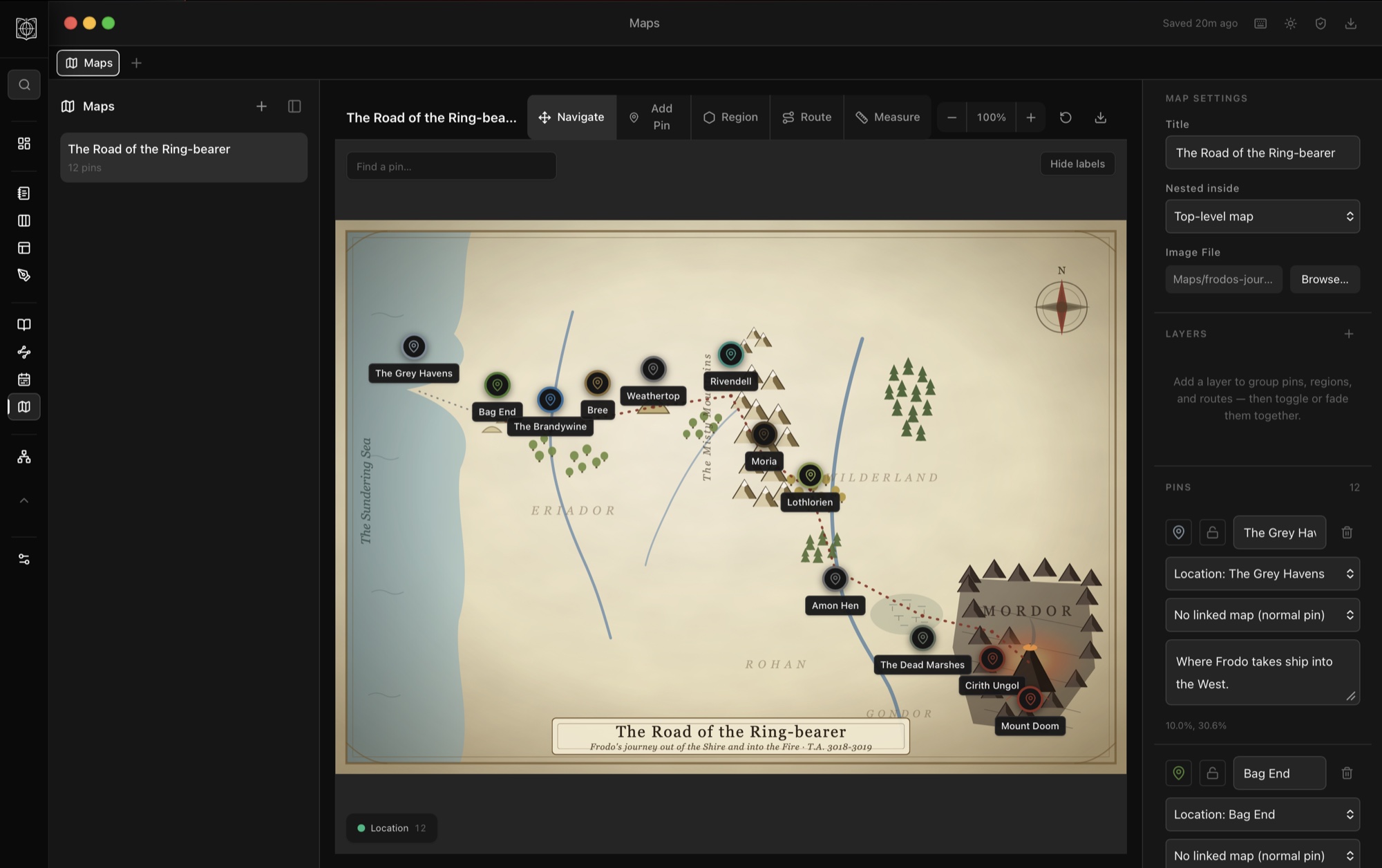 An interactive fantasy map in WorldFrame with labelled pins along a route.