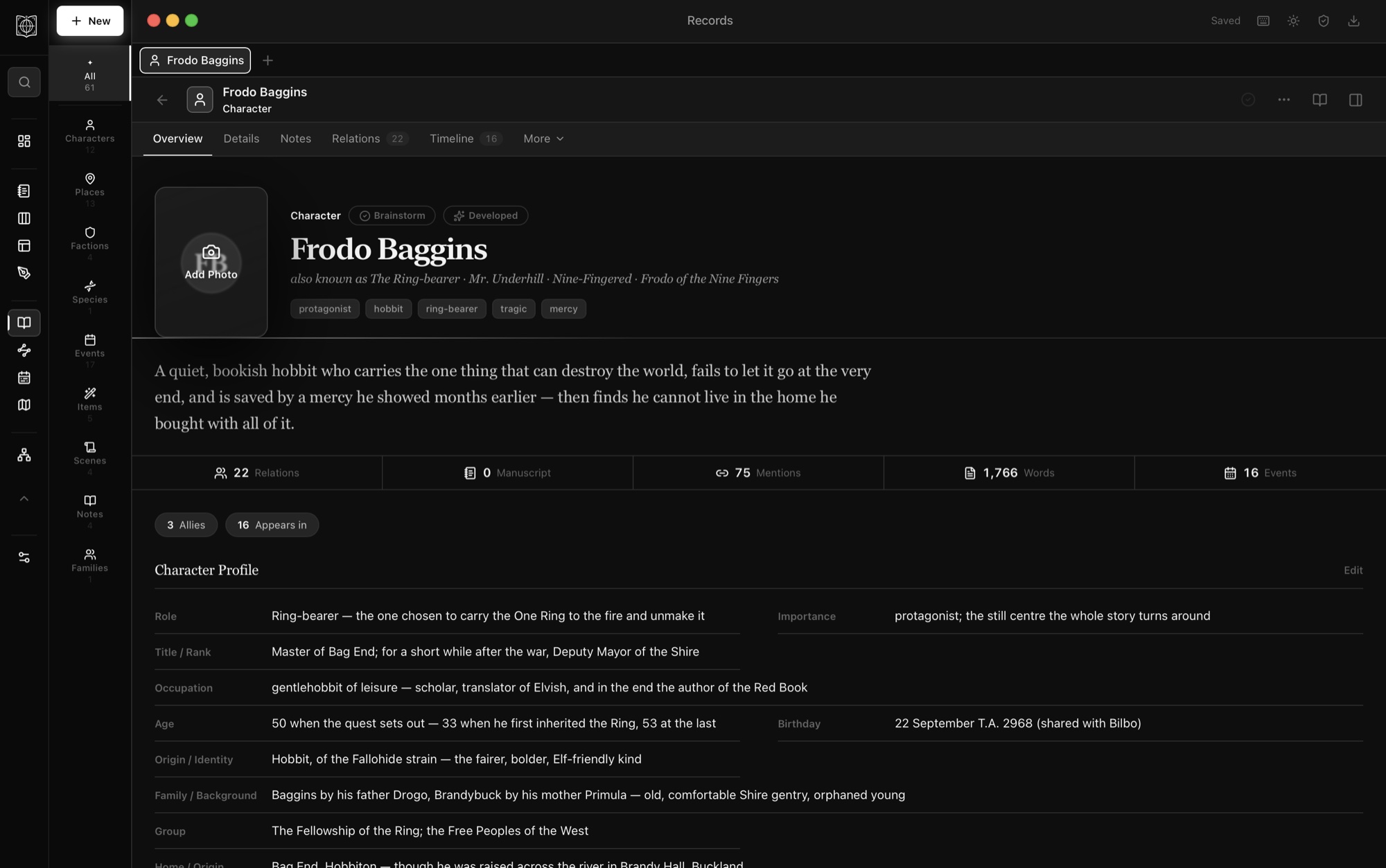 A richly detailed character record in WorldFrame, with profile fields, tags, stats and linked mentions.