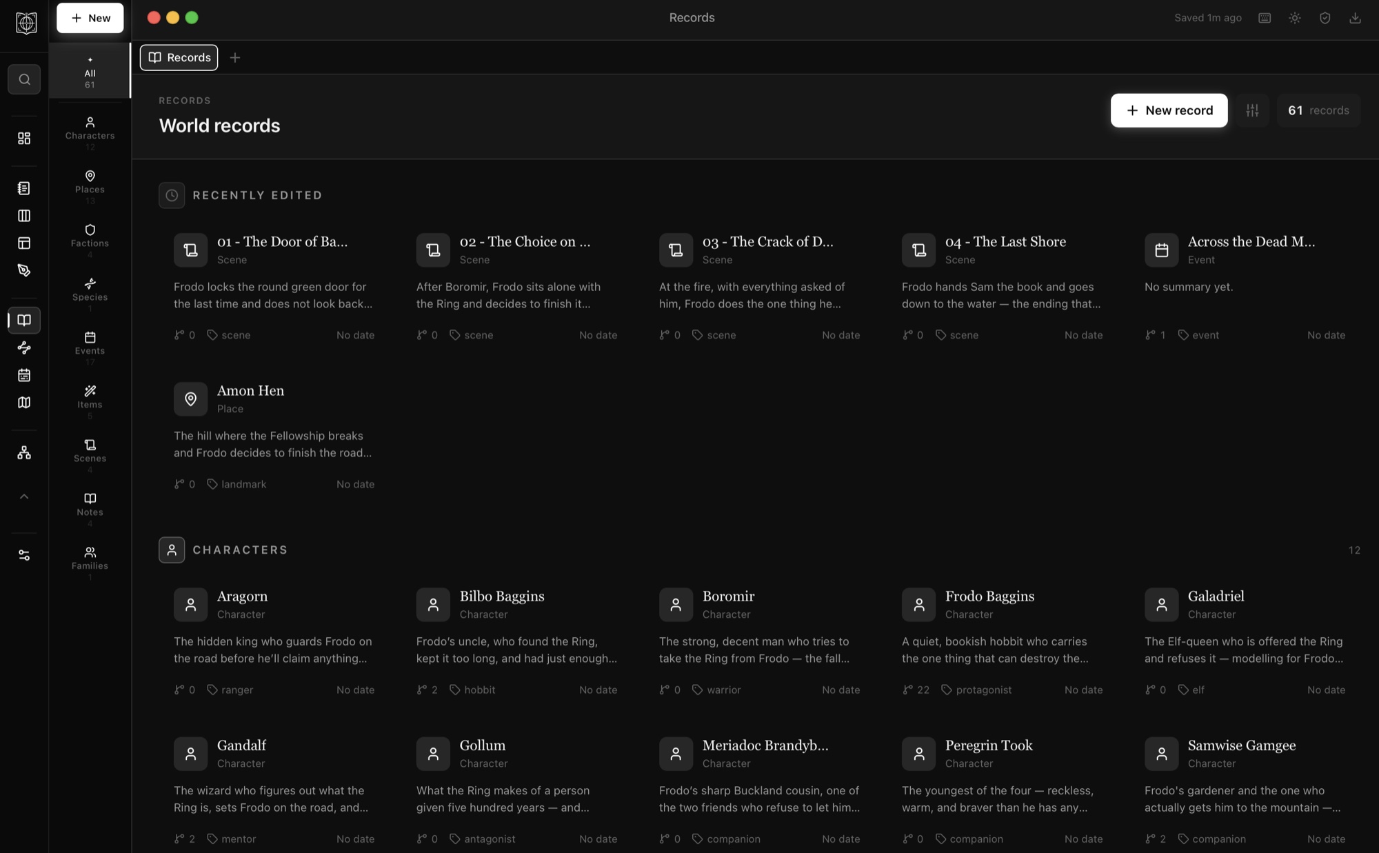 The records view in WorldFrame: one world's characters, places, scenes and events in a single list.