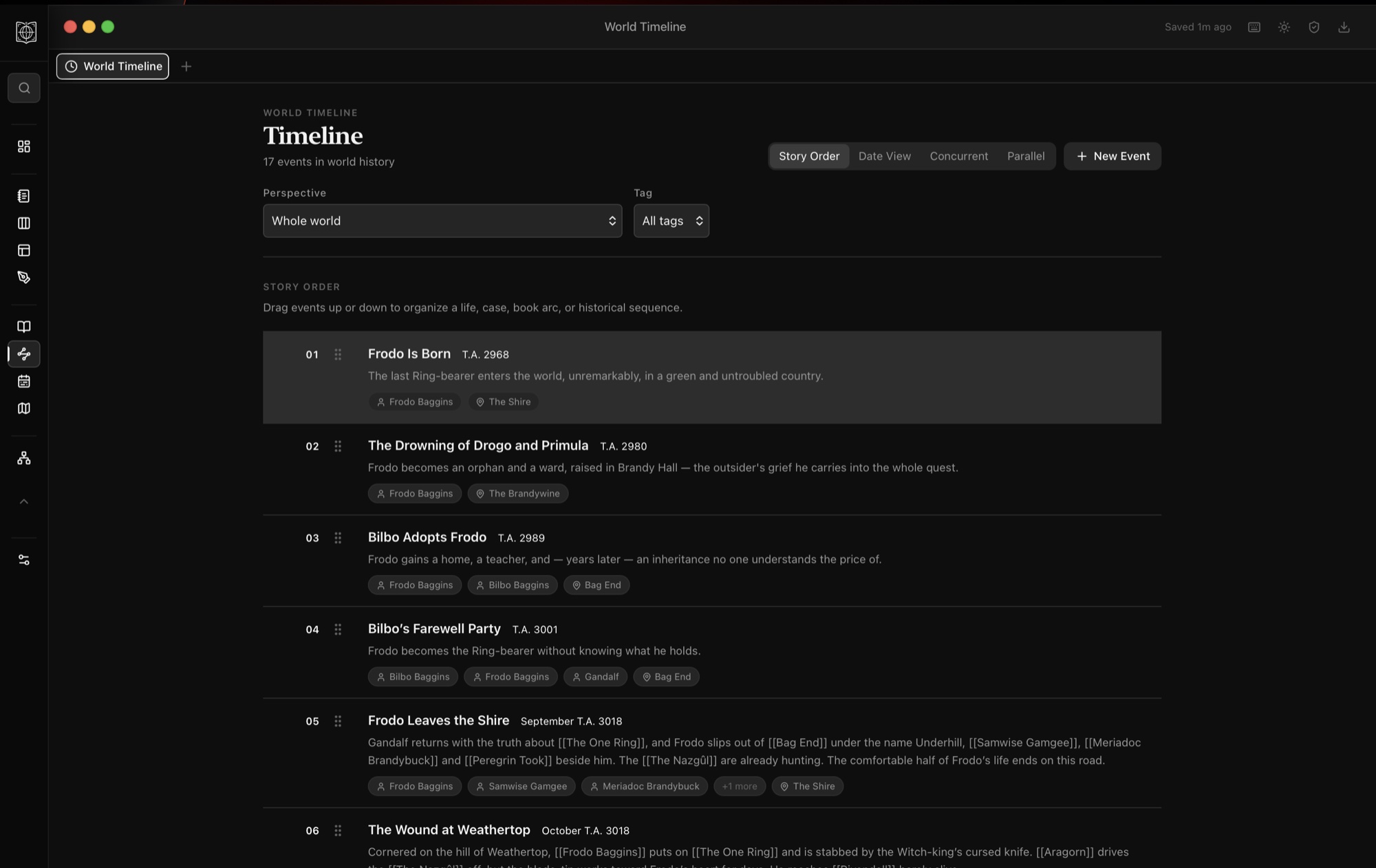 WorldFrame's world timeline in story order, with dated events and entity tags.